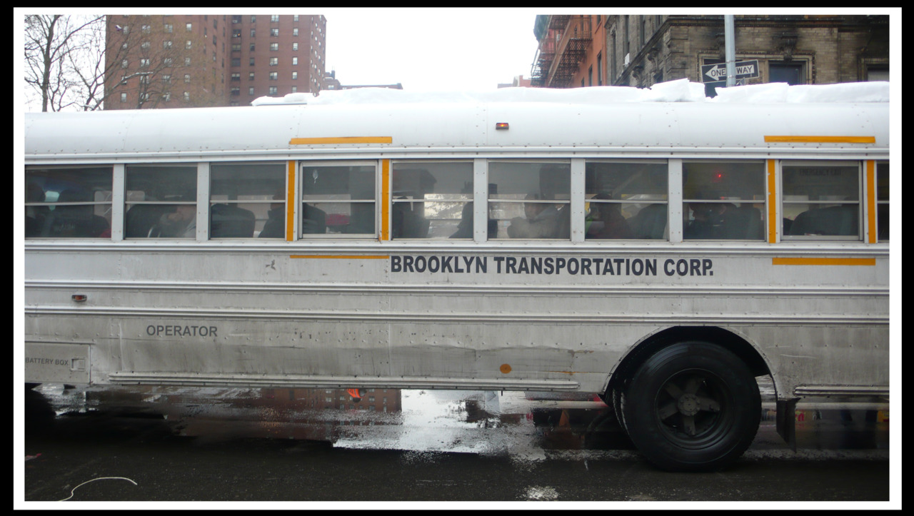 NYC BUS FOR MENTALLY CHALLENGED ADULTS IN SLUSHY SNOW UPTOWN